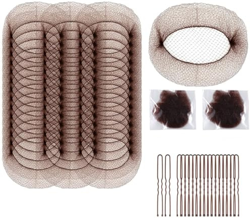 lylqmy 25 Stück Individuell Verpackte Bun Netze & 25 U - förmige Haarnadeln - 20 Zoll (50 cm) Unsichtbare,Wiederverwendbare Nylon Mesh Haarnetze - Ideal für Ballett,Beruf & Alltag(Braun)