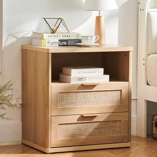 LELELINKY Rattan-Nachttisch mit 2 Schubladen und offenem Fach, Boho-Nachtschrank in Holzoptik für Schlafzimmer, auch als Beistelltisch im Wohnzimmer oder Flur, Natur