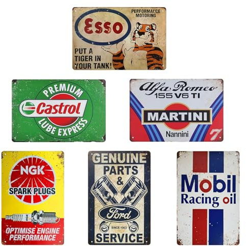 Rongxze Set of 6 Vintage Metal Signs (20 x 30 cm) Tin Signs - Retro Wall Decoration for Garage, Workshop, Bar | Classic Automotive Wall Art, Fathers Day | Father's Day gift, decoration for garage, workshop, bar, classic workshop