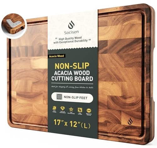 End Grain Cutting Board for Kitchen with Non-slip Feet, Acacia Wood Heavy Duty Checkered Cutting Board Upgraded Chopping Board with Juice Groove & Handle Large Wooden Butcher Block with Gift Box