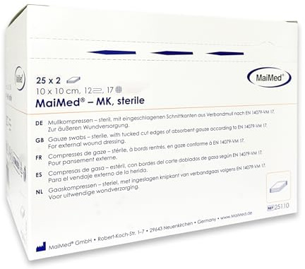 Sterile Kompressen 10x10 cm – 50 Stück Mullkompressen 12-lagig, fusselfrei – Mulltupfer steril & Wundauflagen nicht haftend für Verband & Pflege