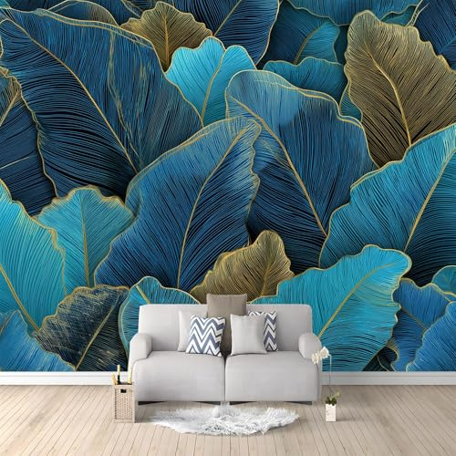 3D Panoramique Murale De Lignes Feuilles De Bananier Tropicales, Bleu Premium Papier Peint Intissé Pour Salon Chambre Enfant Chambre Décoration Murale Moderne - 400 x 280 cm