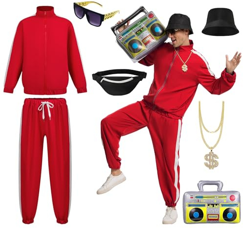 JDFAIJEAL Hip-Hop Costume da Uomo - Giacca da allenamento nera con cappello, occhiali, catena rotonda dorata, marsupio e palloncino Boombox – hip hop per feste, Halloween, cosplay (rosso, L)