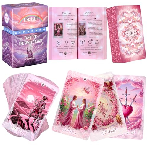 XSYLOHXL Cartas de tarot rosa de pintura al óleo con borde de aluminio único y libro guía, baraja de tarot guiada original para principiantes y expertos que leen por amor, carrera, cuidado personal