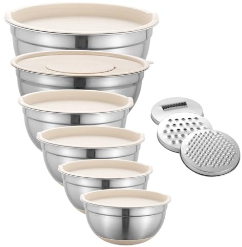 Juego De Tazones Para Mezclar De Acero - 6 Tazones Anidados De Color Caqui Inoxidable Con Fondo Antideslizante Rallador | Cuenco De Preparación De Ensalada Premium, Organizador De Cocina Para El Hogar