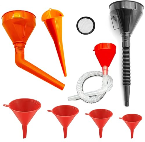 Lot de 8 entonnoirs multifonction avec tuyau, kit d'huile universel pour entonnoir de voiture, avec bec amovible et entonnoir long, accessoires d'entonnoir de remplissage, rouge/orange/noir
