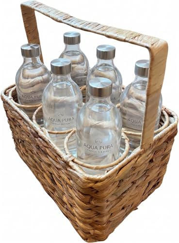 Flaskhållare för 6 flaskor av vattenhyacint – flätad flaskkorg med fällbart handtag – dryckeskorg för 1,5 liter vatten, vin- och ölflaskor – dekorativ flaskväska natur – 32 x 22 x 18 cm