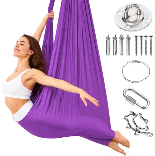 Herbst Aerial Yoga Hängematte Set, Yogatuch Set 150 x 280cm Swing 200kg Tragfähigkeit inkl. Karabiner, Befestigung, Nägel, Verlängerungsgurt Zubehör, Yoga Hängematte Schaukel für Studio & Zuhause