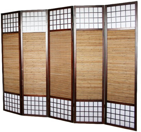 Paravent Japonais séparateur de pièce en Bois avec Bambou de 5 Panneaux Coloris Marron -PEGANE-