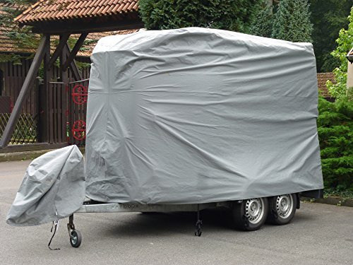 Pferdeanhänger Schutzhaube UV-stabilisiert Wasserabweisend mit Reißverschluss & Bauchgurten, Schutzplane Abdeckung Garage für 2er Pferdetransporter bis 376x168x240 cm inklusive Tragebeutel