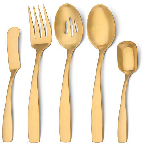 Bysta Serving Utensils Set, Matte Gold 5-Piece Hostess Set, Stainless Steel Silverware Flatware Cutlery Serving Set, Satin Finish, Dishwasher Safe