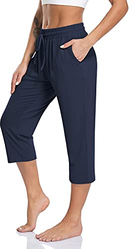 TARSE Women's Capri Yoga Pants Stretch Lightweight Running Jogging Pants Casual Comfy Pull On Capris Pockets Sweatpants (NavyBlue,M)