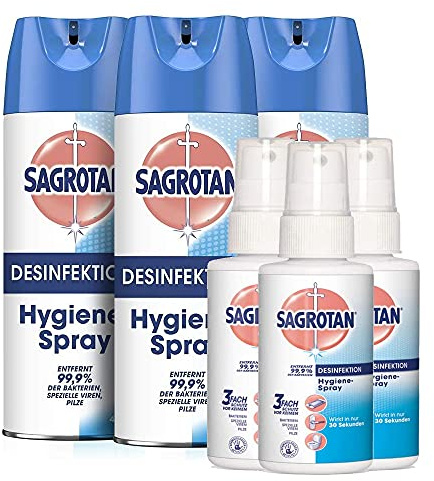 Sagrotan Hygiene-Reinigungsset zum Desinfizieren von Textilien & Oberflächen (3 x 400ml Hygiene-Spray Aerosol & 3 x 100ml Hygiene-Pumpspray)