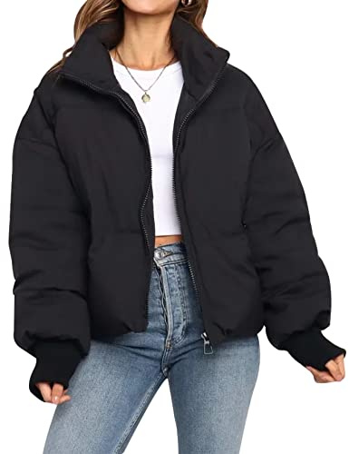 Gihuo Women’s Winter Cropped Puffer Jacket Coat Short Warm Quilted Jacket(Black-XL)