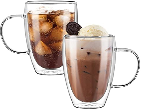 CHARMDI 2x350ml Double Walled Coffee Glass Mugs, Set of 2 Cappuccino Latte Coffee Glasses Cups with Handle, Heat Resistant Cups for Coffee,Tea,Milk,Ice Cream