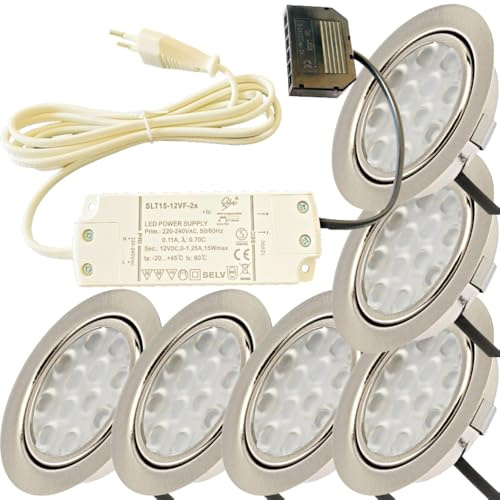 Rolux 5er Set LED Einbaustrahler Edelstahl gebürstet 15mm flach 3W warmweiß 3200K 200lm 12V inkl. 15W LED Trafo 230V und 1,8m Kabel je Leuchte für Wohnzimmer, Küche und Bad
