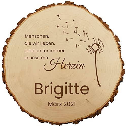 Baumscheibe 23cm mit Gravur (Namen, Datum) personalisierte Holz-Gedenktafel, Grabschmuck, Trauer Gedenkschild, Andenken an Verstorbene, Grab-Dekoration, Pusteblume MotivTR5