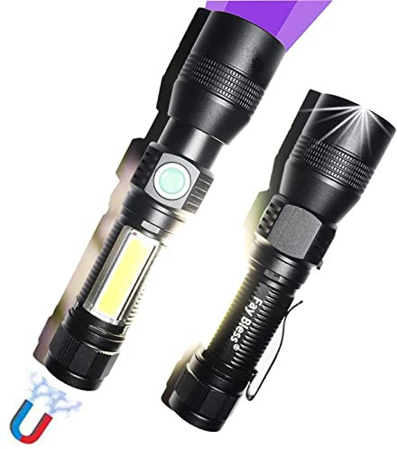 Linterna de luz negra recargable, luz LED 3 en 1, 1200 lúmenes, 7 modos de luz, zoom, linterna impermeable de tamaño de bolsillo para detección de manchas de orina de mascotas, camping (negro, 2
