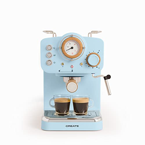 CREATE / THERA MATT RETRO/Caffettiera Express Blu Opaco e Legno/Caffè macinato e cialde E.S.E. 55 mm, caffettiera semiautomatica con pompa di pressione da 15 bar e potenza 1100 W, finitura opaca