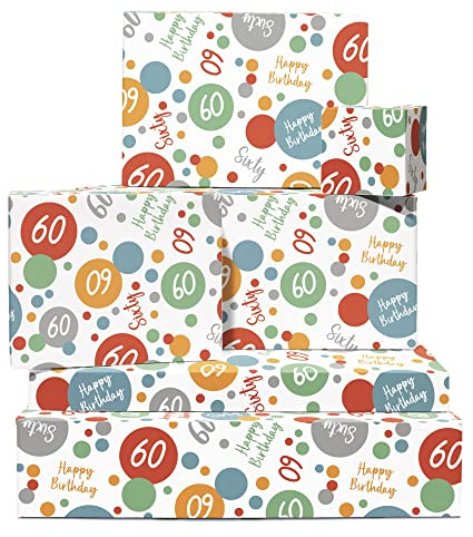 Födelsedagspresentpapper - 6 ark presentpapper - 60:e presentpapper för herr dam - färgglada prickar - för mormor eller farfar - 60 år - av Central 23