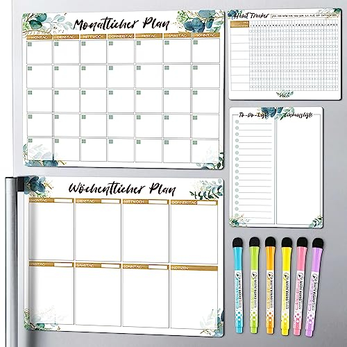 BIROYAL Magnetischer Wochenplaner 4 Stk, Haushaltsplan Magnetisch inkl. Wochenplaner To-do Tafel Habit Tracker, Monatsplaner Abwischbar(Grün)