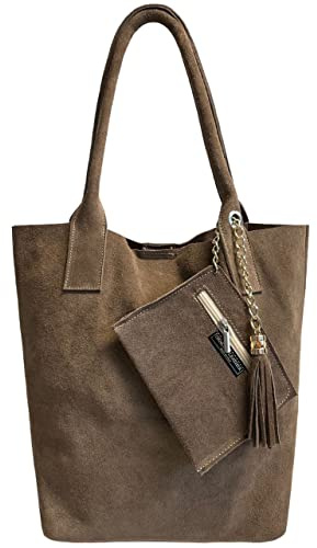 Modarno Shopper Damen Echt Wildleder Tasche mit gleichfarbigem Schmucketui - Handtasche - Umhängetasche