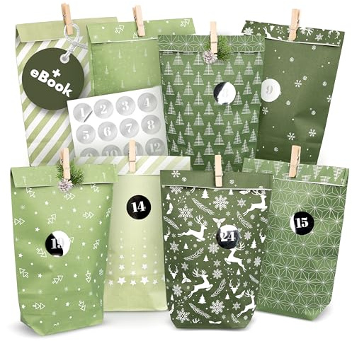 AMARI ® Calendrier de l'Avent à remplir Midnight Green - 24 Sacs en papier (avec des agrafes en bois) à réaliser à Noël - Sacs en papier avec autocollants numérotés