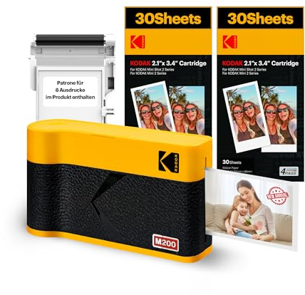 KODAK Mini 2 ERA 4PASS Mobiler Fotodrucker (5,3x8,6cm) Fotodrucker + 8 Blatt im Lieferumfang enthalten + 30-Blatt-Patrone, Gelb