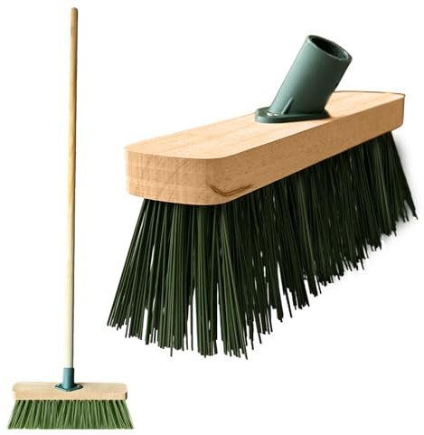 LSC 12” Outdoor Broom Sweeping Brush Heavy Duty PVC Bristles Yard Brush with Wooden Handle Garden Brooms for Cleaning Patio Yards Warehouse and Garage (GREEN)