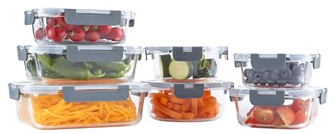 Neo 7 Containers & 7 Lids Glass Food Storage Containers Set with Snap Locking Lids Meal Prep Airtight Lunch Box Microwave Oven Freezer and Dishwasher Friendly (7 Piece)