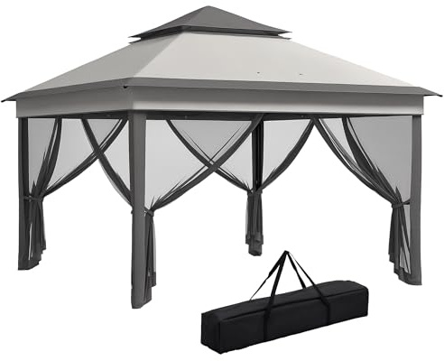 Outsunny Carpa Plegable 3x3x2,7 m Cenador de Jardín con Doble Techo Altura Ajustable 4 Mosquiteras Protección UV30+ Impermeable y Bolsa Gazebo para Exterior Fiestas Camping Gris