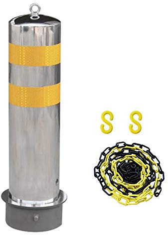 Parkplatzabsperrungen aus Metall, reflektierendes Band, 5 m Absperrkette und 2 Pollerpfosten mit Aufhängering und beweglicher Basis (Silber 600 mm × 159 mm) (Silber 600 mm × 159 mm)