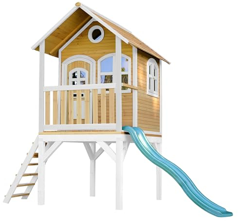 AXI Spielhaus Laura mit grüner Rutsche | Stelzenhaus in Braun & Weiß aus FSC Holz für Kinder | Spielturm mit Wellenrutsche für den Garten