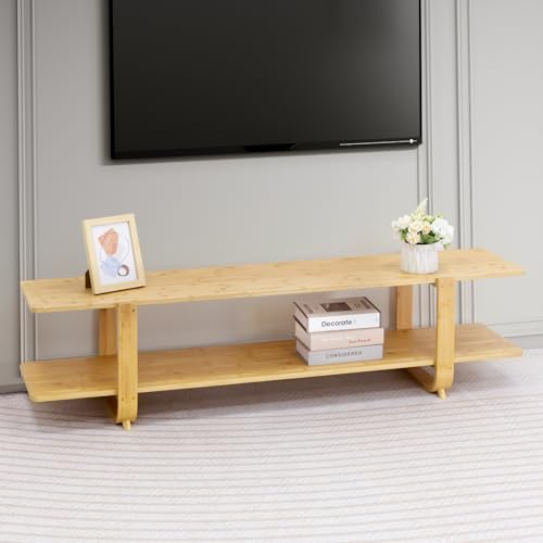 HollyHOME TV Bank TV Schrank TV Tisch 140cm Fernsehschrank Lang Fernsehtisch Bambus 2-stöckige TV Lowboard TV Table für Wohnzimmer Schlafzimmer, Natürlich