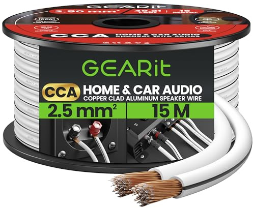 GEARit 2x2.5mm² Speaker Cable 15M, 14AWG Twin Core Speaker Wire with Polarity Markings, Flexible CCA Copper Clad Aluminum Audio Cable for In-Wall Home Home Cinema, HiFi & Car Stereo - White