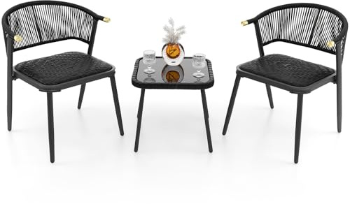 GIANTEX Rattan Gartenmöbel Set Wetterfest, Balkonmöbel Kleiner Balkon, Balkonset 2 Stühlen mit Tisch, mit schnell trocknender Schaumstoffpolsterung, Terrassenmöbel Outdoor, Balkon Möbel für 2 Personen
