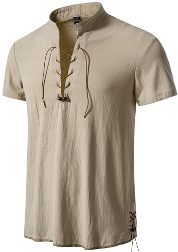 PARKLEES Men's Viking Medieval Retro Cotton Lace Up Costumes | Halloween, Renaissance, Pirate, Short Sleeve, Cosplay, Drawstring