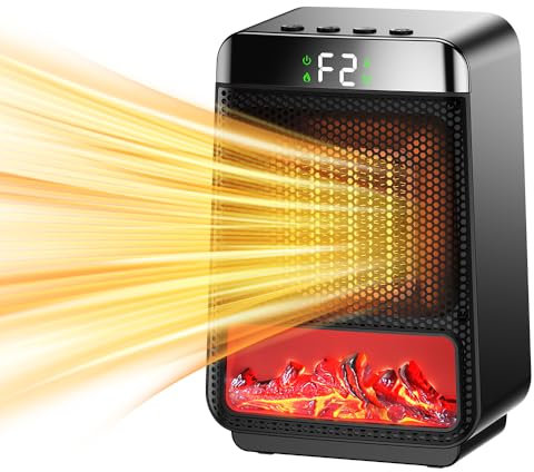 Portable Space Heater,3D Imitation Flame Space Heater,1500W Electric PTC Ceramic Heater with Thermostat, 1-2-4-8H Timer Function,Overheat and Tip-over Protection,70° Oscillation,Energy-Saving-ECO-Mode