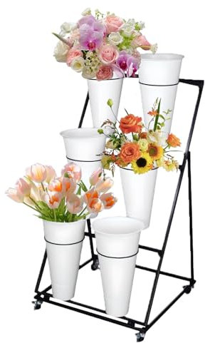 Flower Display Stand, 2 Layers Heavy Duty Metal Moving Wrought Iron Bouquet Shelf, Iron Florist Flower Display Stand with Plastic Buckets and Wheel, for Garden, Courtyard (3 Tier 6 White Bucket)