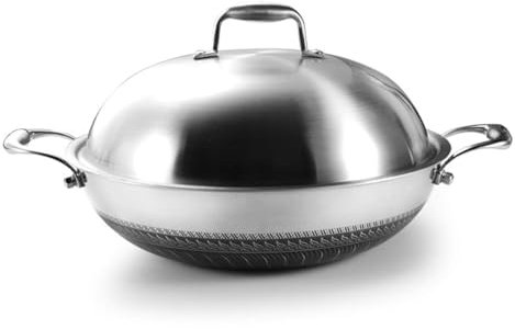 KhUkhu Wok de Acero Inoxidable con Tapa, Wok de inducción Antiadherente, Wok para ollas Calientes, sartenes para saltear con Doble Anillo, Wok pequeño/Grande,36cm