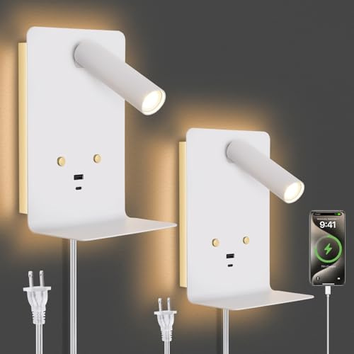 ZEROUNO Touch Dimmable Wall Mounted Reading Light Set of 2, Plug in Bedroom Bedside Lamp Wall Mount Sconce, White Corded Headboard Reading Lamp with USB C+A Charging Ports for Bed Side Room