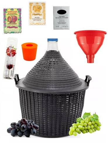 MIKONI Weinballon 20L mit Kunststoffkorb + Trichter + HEFE + 1xROT-Gummistopfen + 1xGärröhrchen, Glasballon, Gärballon Bügelflaschen Flasche Glasflasche Gärbehälter Glasgärballon Gäreimer Set (20 L)