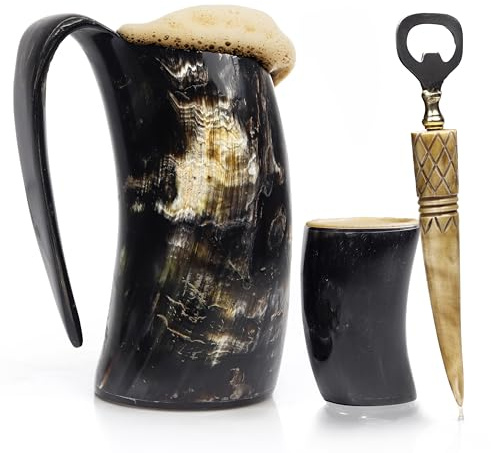 Viking Drinking Horn Mug Set with Cool Shot Glass & Opener for Beer, Whiskey, ale. Ox Horn Cup, Coffee Stein 16-20 oz for Men & Women- Ideal for Christmas, Birthday, Occasions and Home Decor.