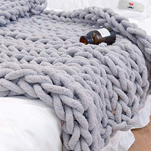 Grobstrickdecke, handgefertigt, hellgrau, Chenille, Überwurf für Schlafzimmer, Dekoration, weiche und gemütliche Strickdecke, 100 x 120 cm