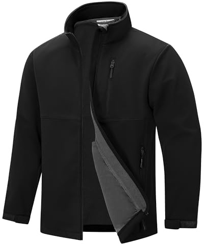 Outdoor Ventures Men's Waterproof Softshell Jackets Lightweight Windbreaker Sports Jacket Stand Collar Hiking Jacket Fleece Lining Workwear for Running Cycling Golfing Black M