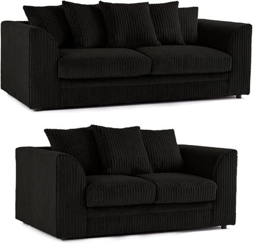 Furniture 786 Jumbo Cord Sofa Set - 3 Seater 2 Seater Sofas - Luxury Corner Seaters Settee Suite - 3+2 Sofas & Couches - Chicago Jumbo Cord Scatter back Sofa Sets for Living Room Lounge (Black)