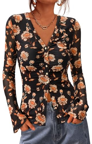BTFBM Button Down Shirts for Women 2026 Spring Boho Tops V Neck Long Sleeve Blouses Ruched Mesh Fitted Fashion Clothing(Black, Medium)
