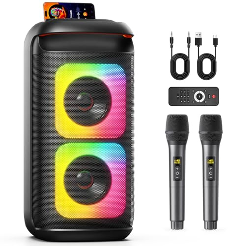Karaoke Machine with 2 Wireless Microphones, Portable Bluetooth Karaoke for Adults, Powerful Dual 8 Subwoofer Karaoke Boombox, LED Lights, 3D Sound, Support TV/USB/AUX/TF for Home Party