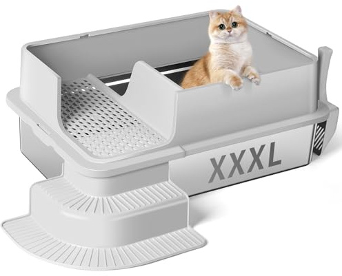 Bartuke XXXL halvstängt rostfritt stål kattlåda, 70 x 50 x 30 cm hög sidovägg metall kattlåda med filtrerad genomgång, steg, spade, ej klibbig, enkel rengöring (ljusgrå)