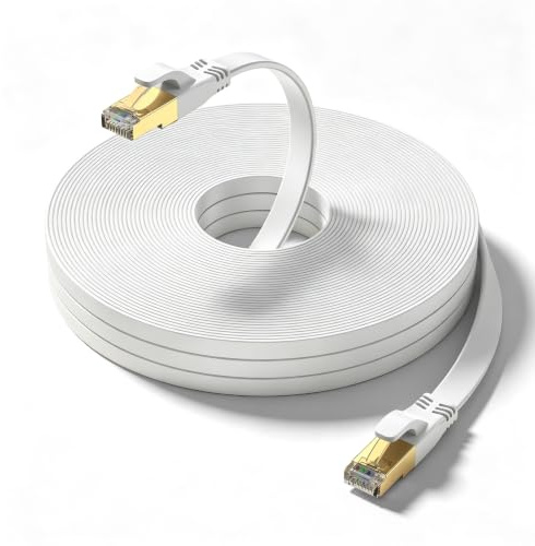 Ohmvolta Cat 8 Ethernet Cable 50m White,High-Speed 40Gbps 2000Mhz Lan Internet Cable Gold Plated RJ45 Connector,Outdoor Indoor Flat S/FTP Patch Cord for Gaming Router Modem,Faster Than Cat7 Cat6 Cat5
